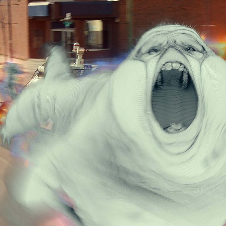 An early VFX shot of a ghost being chased by the Ecto-1 in Ghostbusters: Afterlife.