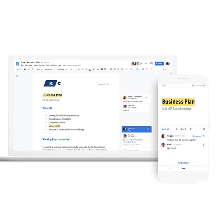 Google Docs in use on desktop and mobile devices.