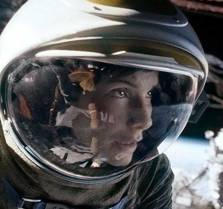 Sandra Bullock floating in space in Gravity.