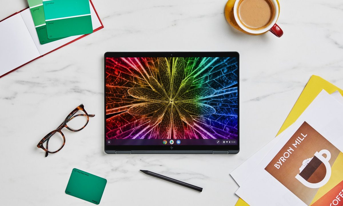 HP Elite Dragonfly Chromebook with accessories.