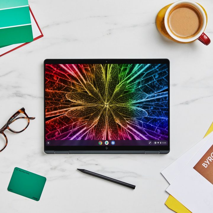 The HP Elite Dragonfly Chromebook folded up as tablet.