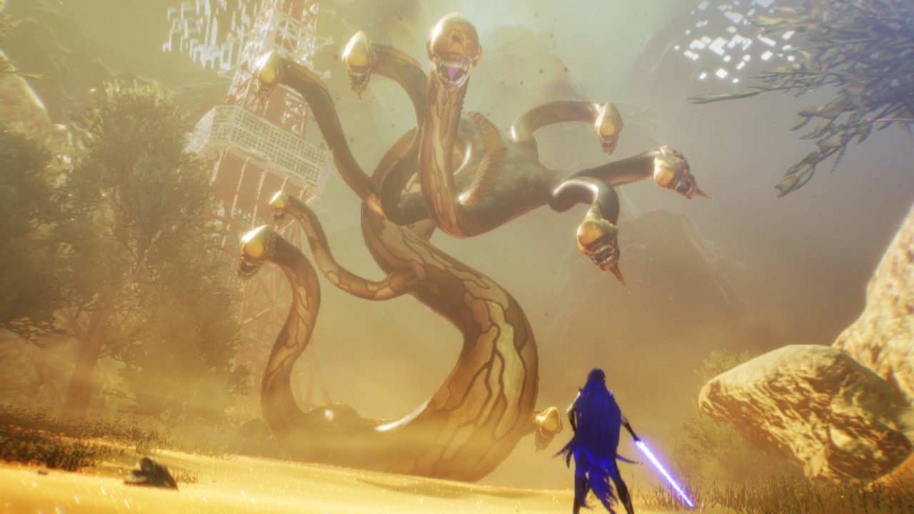 The Nahobino of Shin Megami Tensei 5 standing against the Hydra.