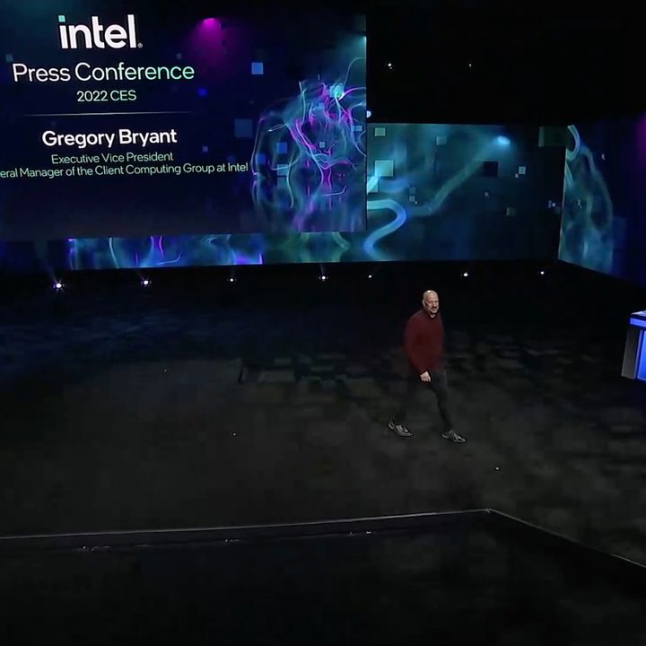 Gregory Bryant on stage as Intel's Alder Lake headlines CES 2022 with new announcements.