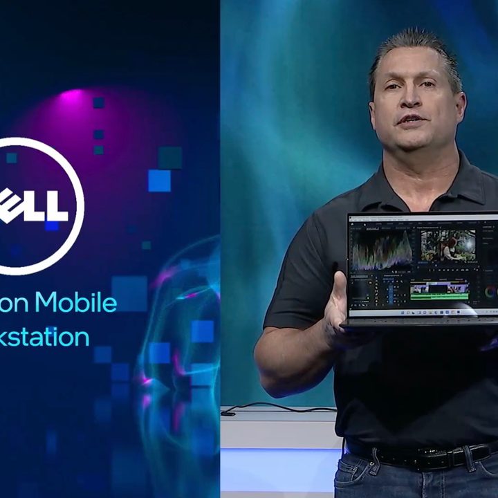 A man demonstrations Intel Evo for workstations.