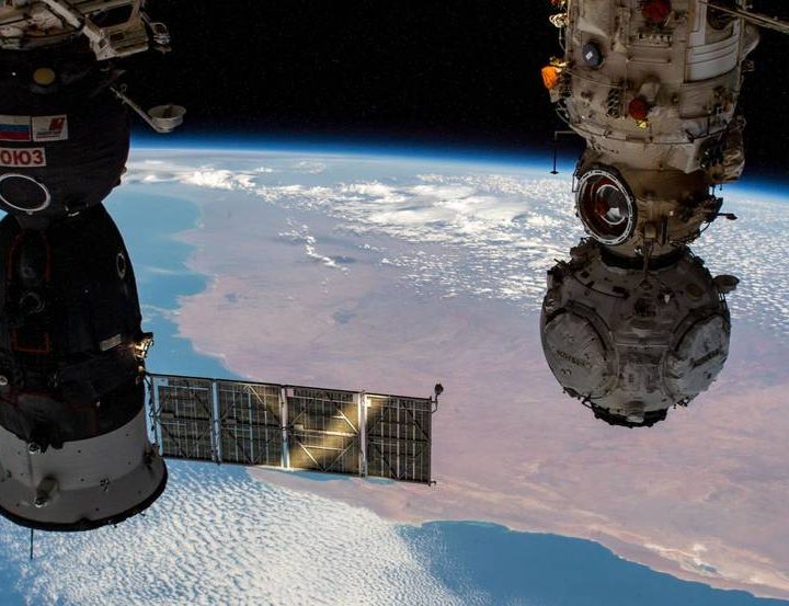Pictured from left are the Soyuz MS-19 crew spacecraft and the Nauka Multipurpose Laboratory Module with the Prichal docking module attached.
