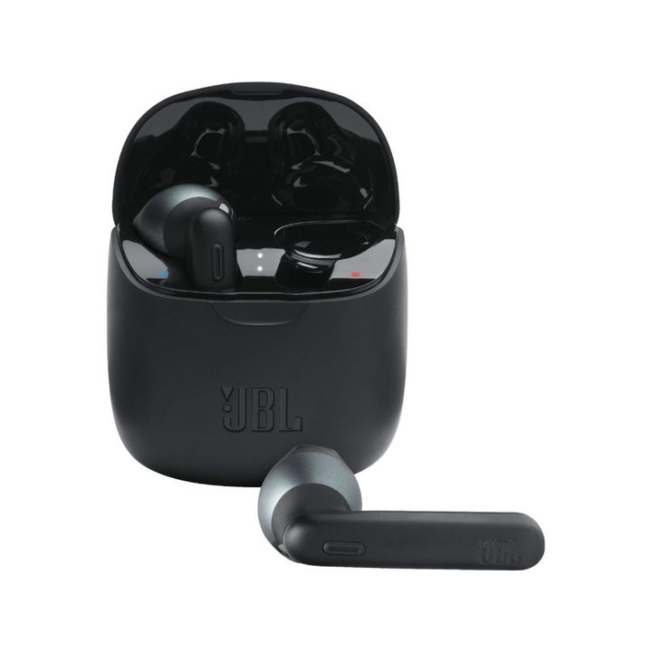 jbl tune 225tws earbuds on white background.