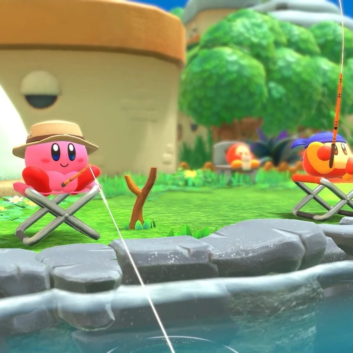 Kirby fishes with a waddle dee in Kirby and the Forgotten Lands.