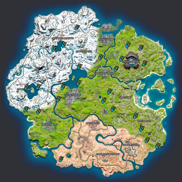 Map of Klomberry locations in Fortnite.