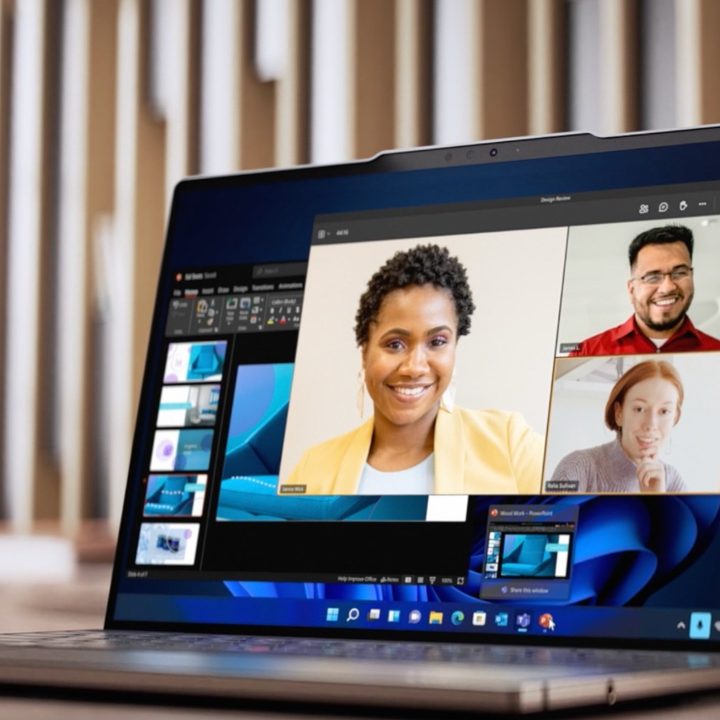 The Lenovo ThinkPad Z16 with a videoconferencing app open.