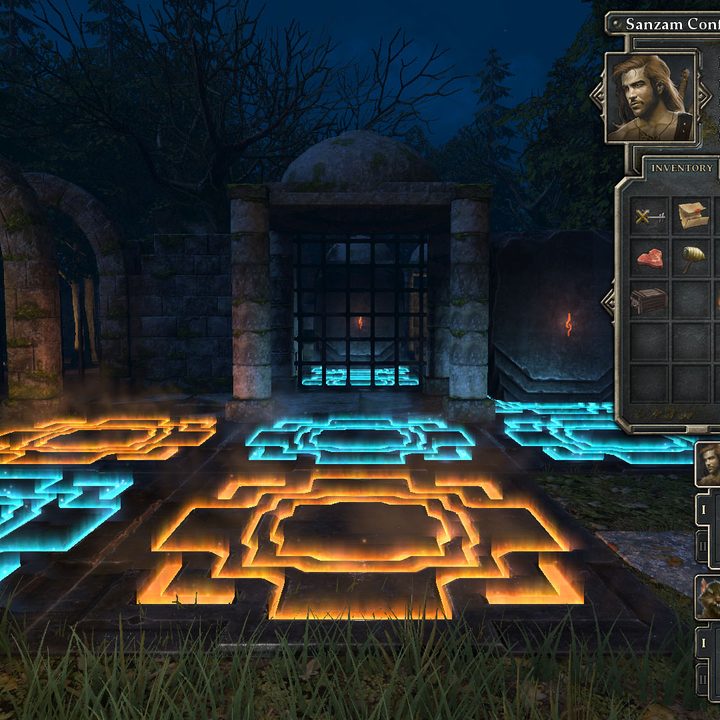 Glowing tiles in front of a barred gate.