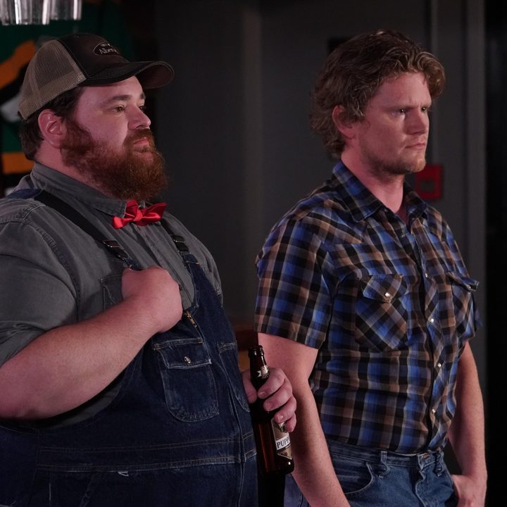 K, Trevor Wilson and Nathan Dales in a scene from season 10 of Letterkenny.