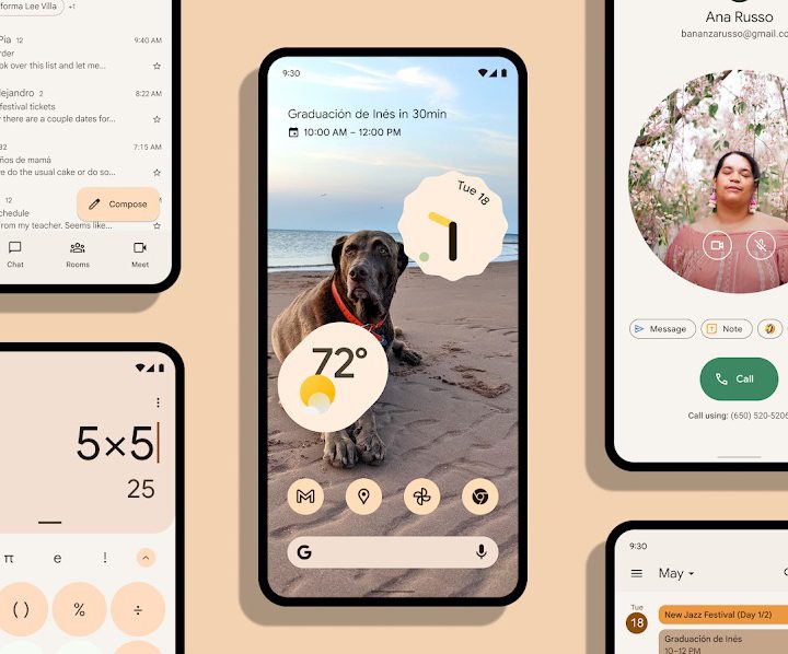 Android 12's Material You design language with wallpaper-based theming.