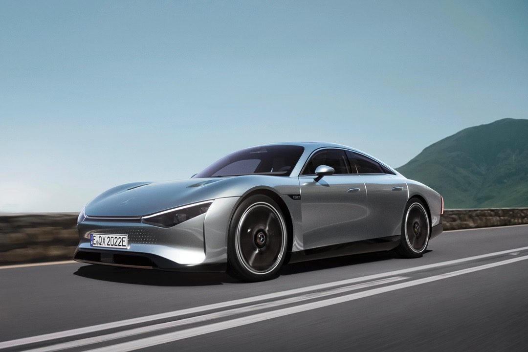 The Mercedes-Benz Vision EQXX concept in motion.