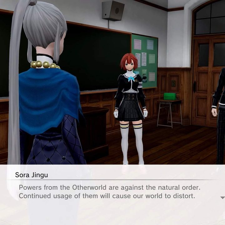 Monark cutscene with protagonist speaking to the character, Sora Jingu.