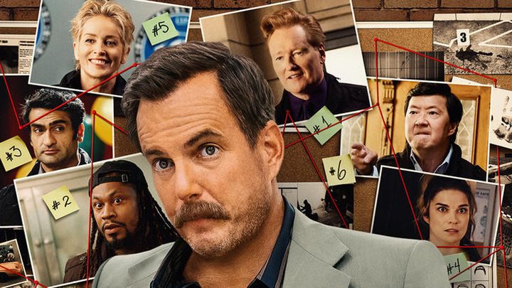 Will Arnett stands in front of a suspect board in Murderville.