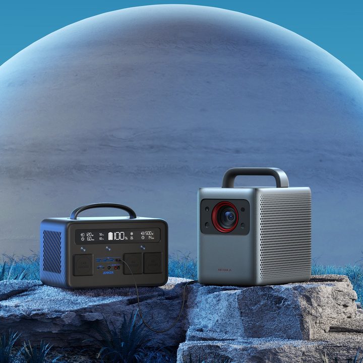 Nebula by Anker Cosmos Laser 4K with Powerhouse II power station on the moon.
