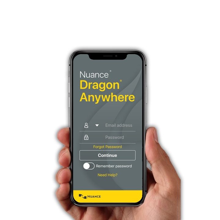 Nuance dragon anywhere app on mobile device and in hand.