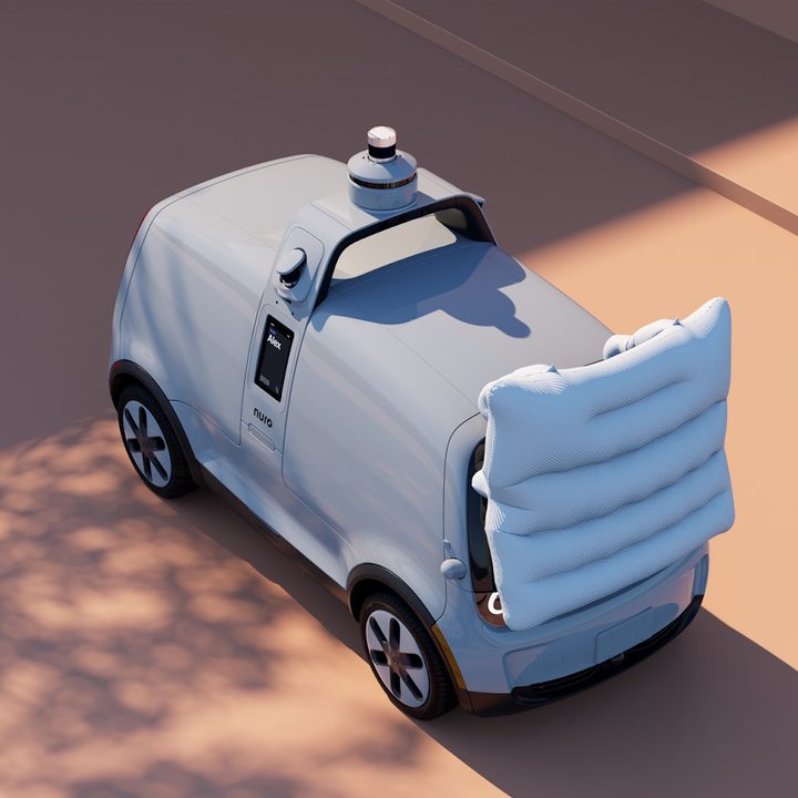 The third versions of Nuro's autonomous delivery vehicle, featuring an external airbag.