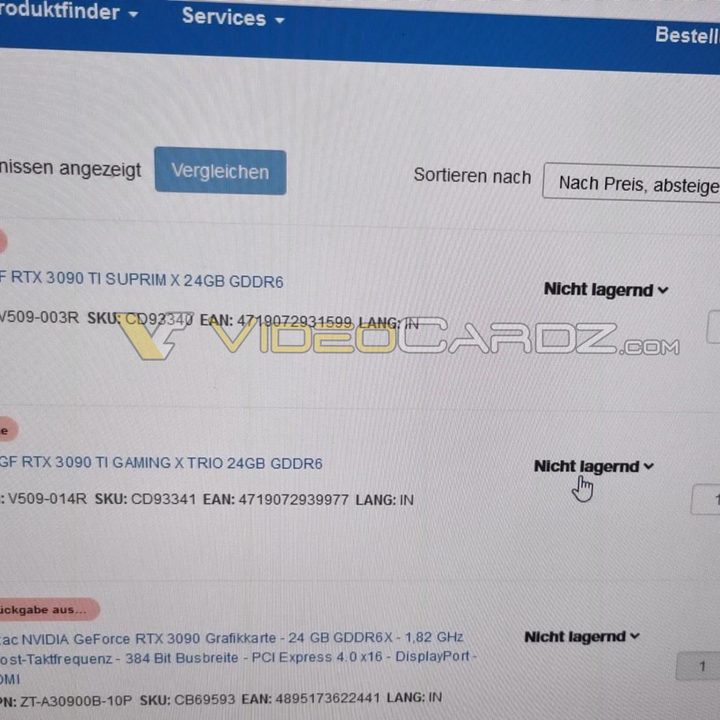 Alleged prices of the RTX 3090 Ti.