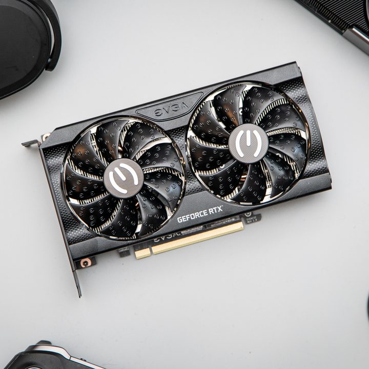 RTX 3050 graphics card among PC accessories.