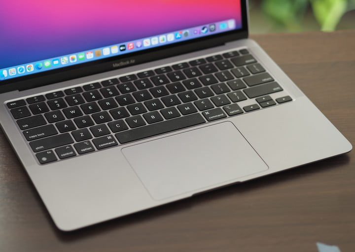 Apple MacBook Air M1 front view showing bottom of display and keyboard.
