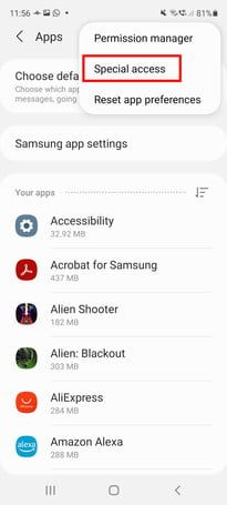 Optimize battery usage special access menu.