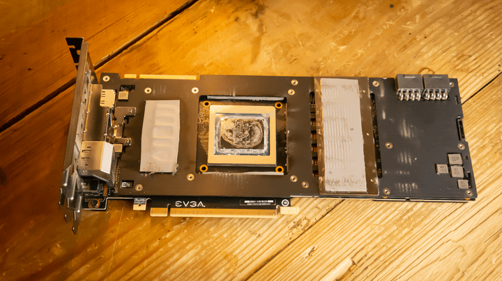 The PCB of a graphics card.
