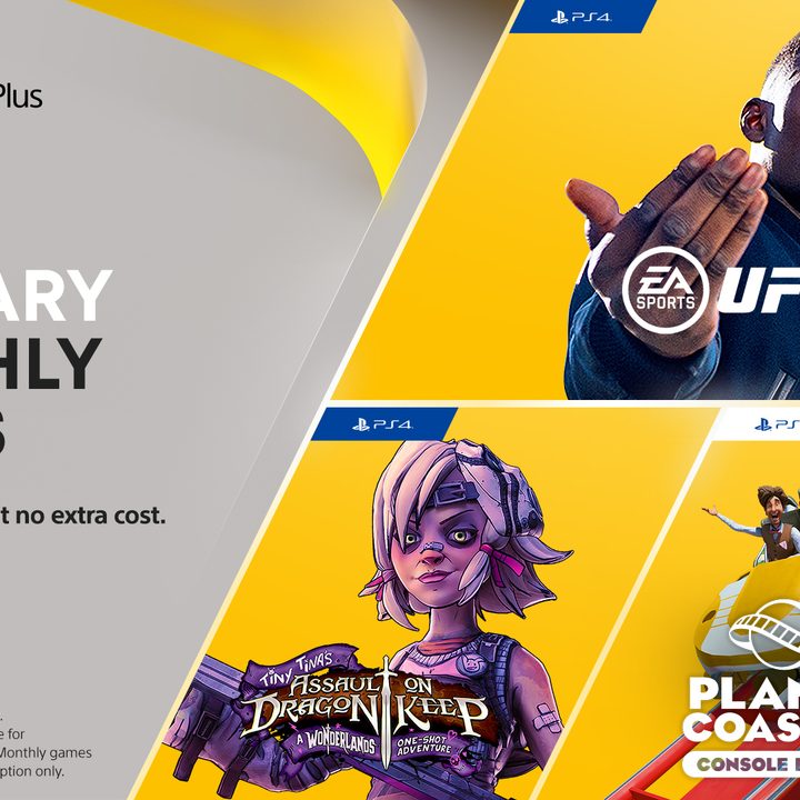 PS Plus February 2022 art featuring UFC 4, Tiny Tina, and Planet Coaster.