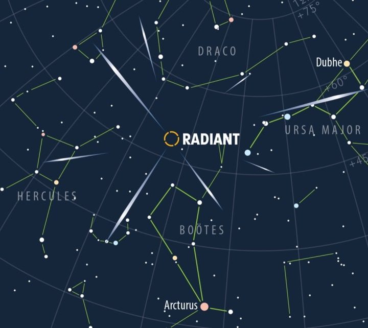 A finder chart depicting the location of the radiant of the Quadrantids meteor shower.