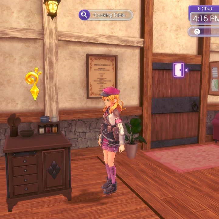 Alice inspects a cooking table in Rune Factory 5