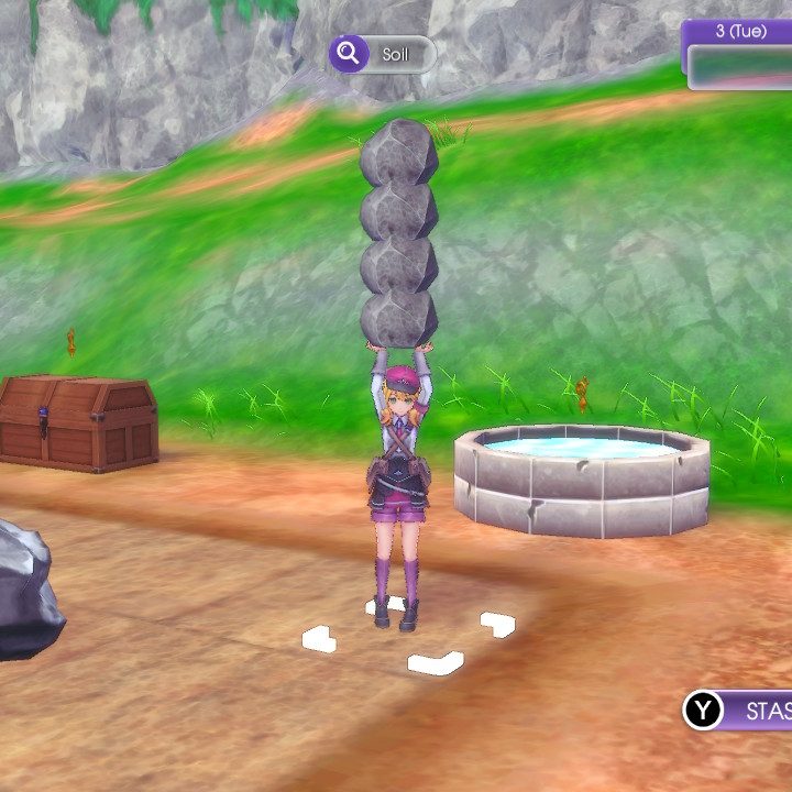 Alice carries a stack of rocks in Rune Factory 5