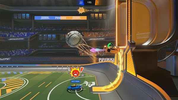 Cars shoot a giant ball in Rocket League Sideswipe.
