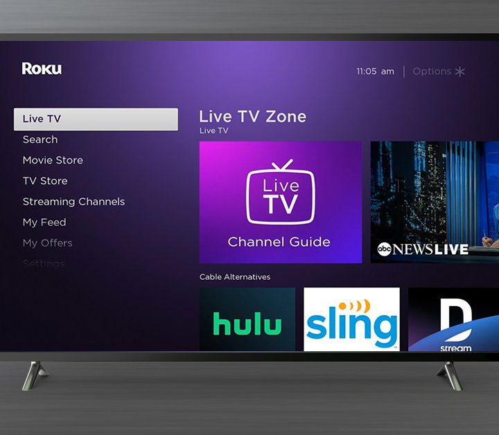 Roku Live TV interface on a TV screen.