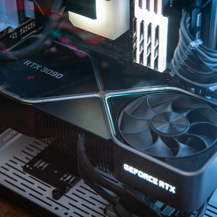 An RTX 3090 graphics card installed inside a gaming PC.