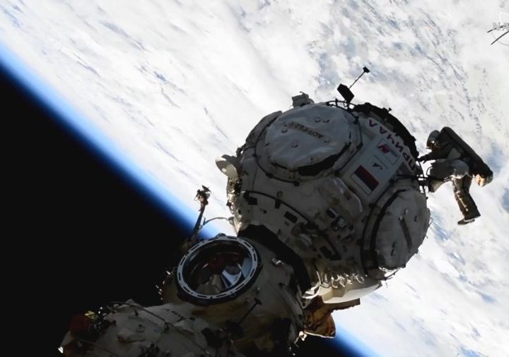 Cosmonaut Pyotr Dubrov works to configure and activate the Prichal module during a spacewalk on Jan. 19, 2022.