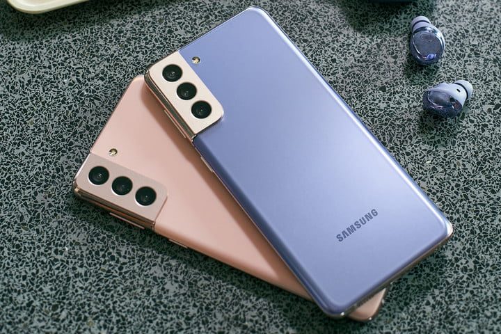 A close-up shot of the rear camera unit of the Samsung Galaxy s21.