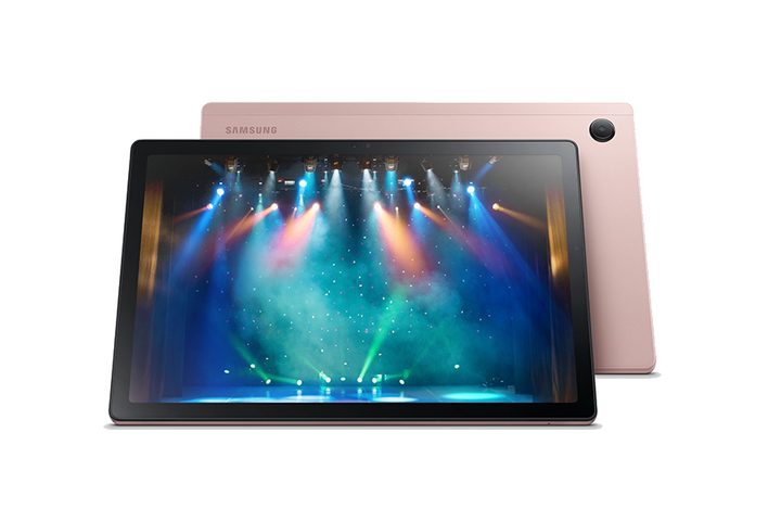 Samsung Galaxy Tab A8 placed in front of the back of another tablet.