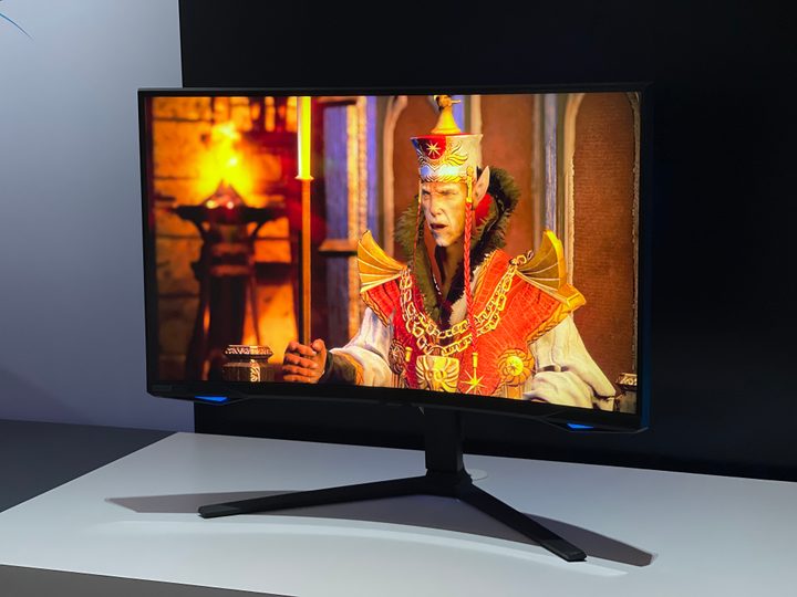 Samsung Odyssey Neo G8 gaming monitor displaying vibrant gaming content.