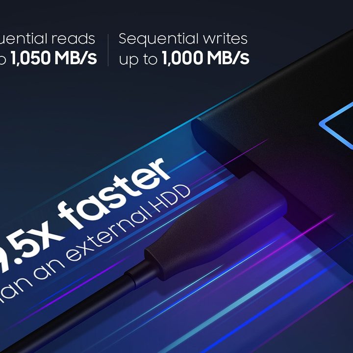 Samsung T7 Touch Portable SSD offers speeds up to 9.5 times faster than an external HDD.
