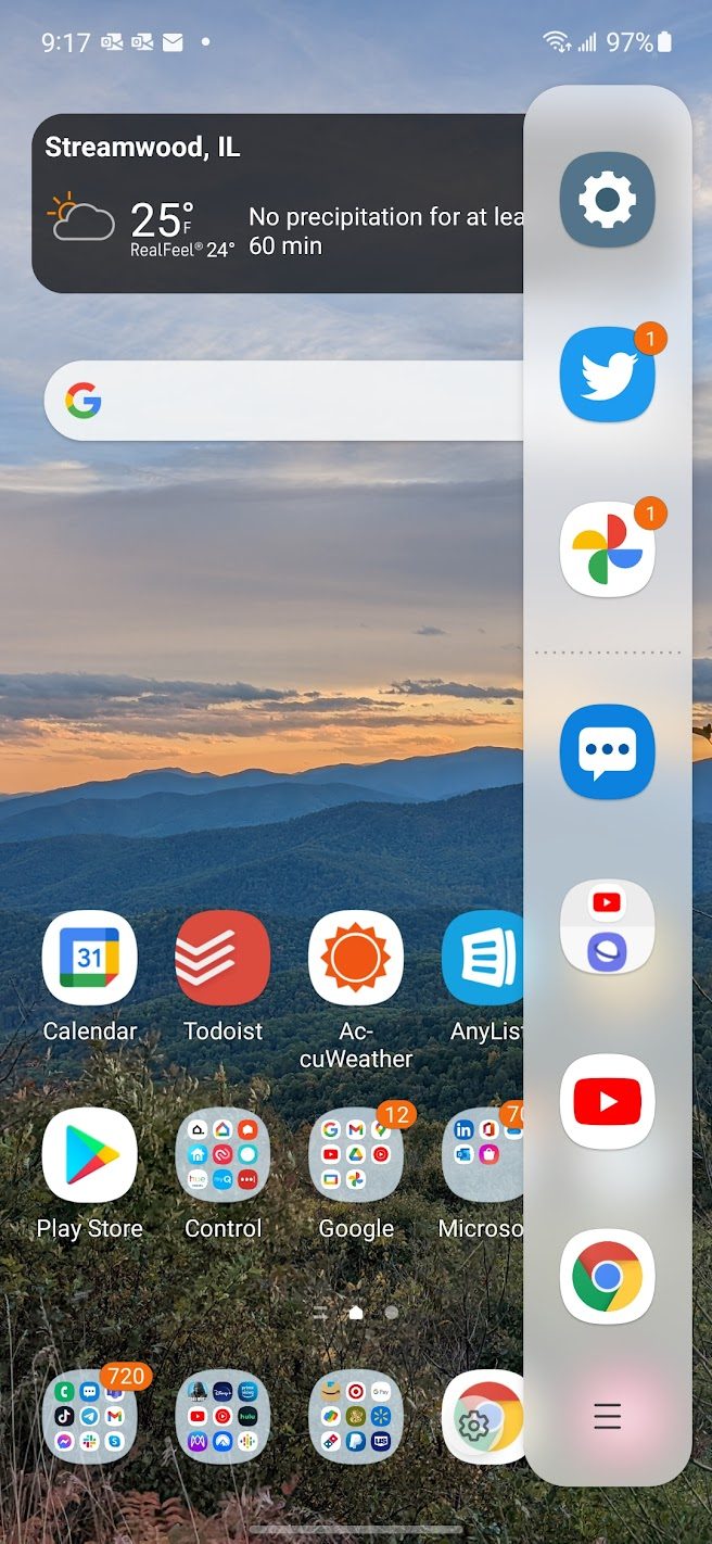 This is a screenshot of the Samsung Galaxy S21 FE side drawer.