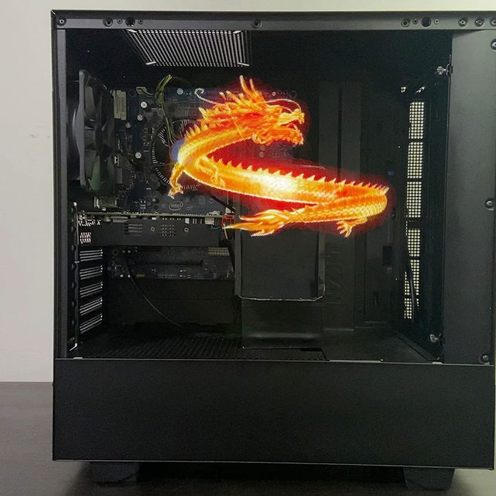 The Showcase Hologram Solo PC case with a holographic effect in use.