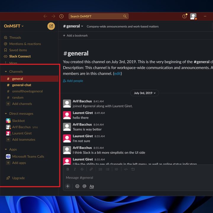The view of channels and chats in Slack.