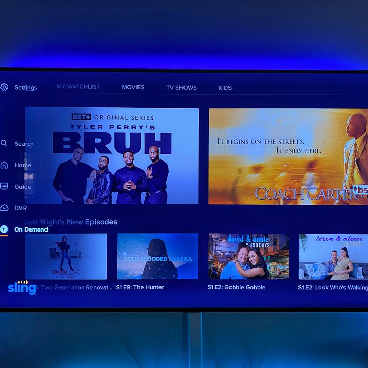 Sling TV interface on a television screen.