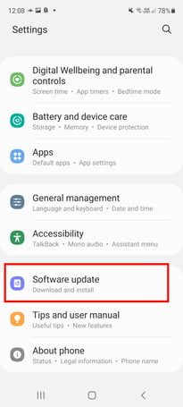 Software update menu.