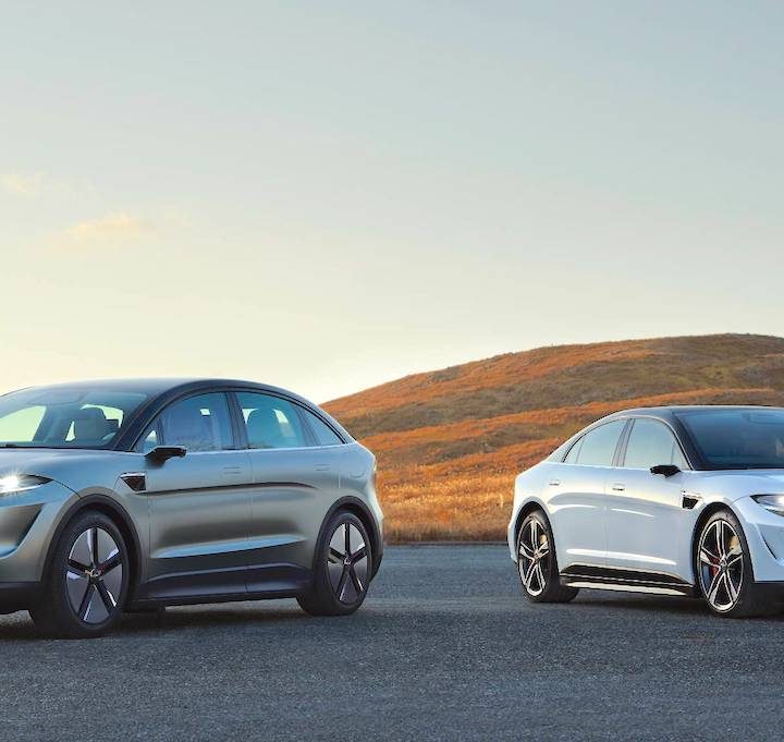 Sony's newly unveiled concept SUV EV (left) alongside the sedan it unveiled in 2021.