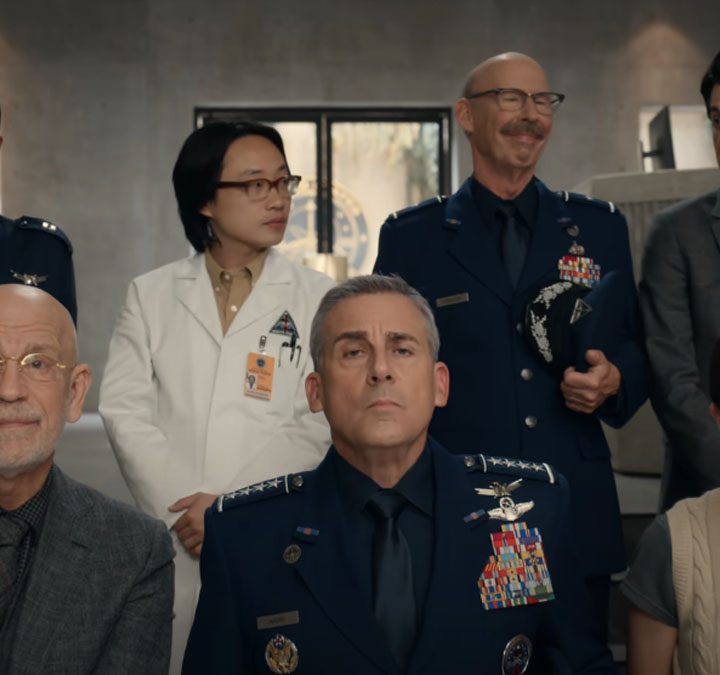 The cast of Space Force is led by Steve Carell (bottom row, center).