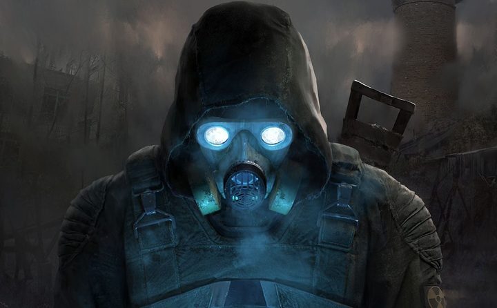 Key art for Stalker 2. A character in a lit-up gas mask and a gun on their back.