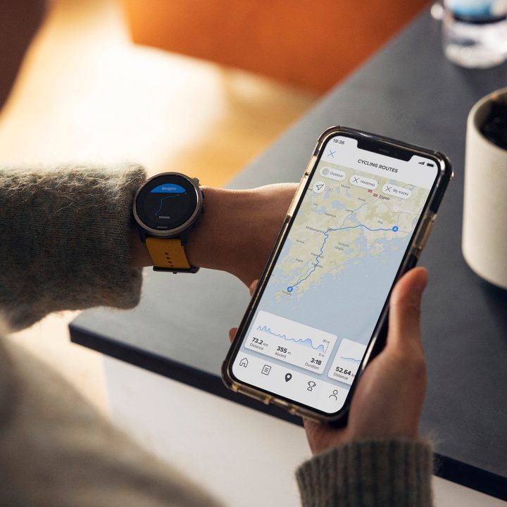 Suunto 5 Peak showing popular exercise routes on phone and watch.