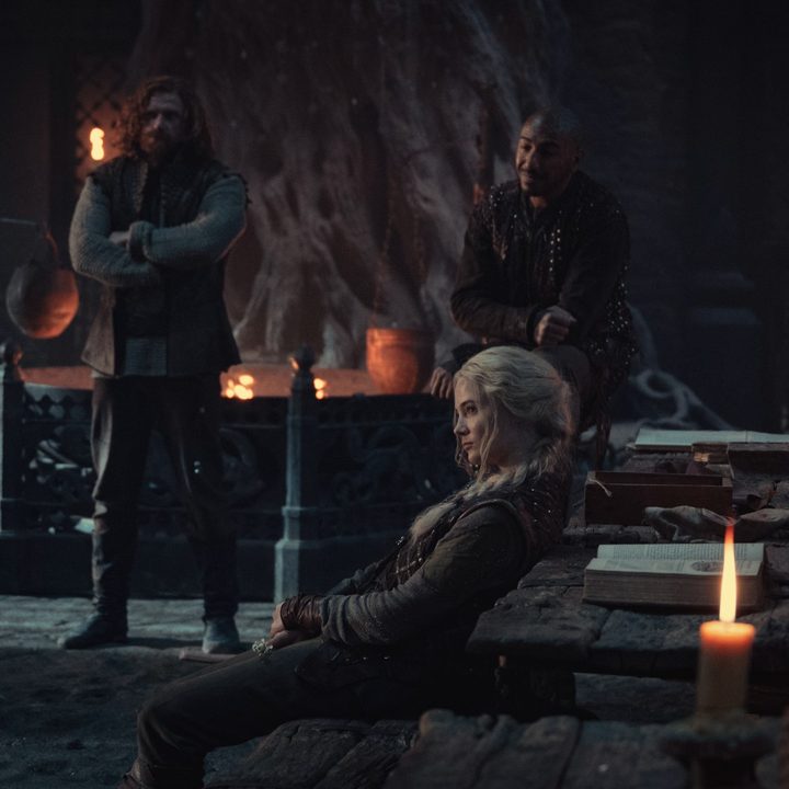 Characters from The Witcher relax in Kaer Morhen.