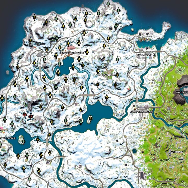 Map of Timber Pine locations in Fortnite.